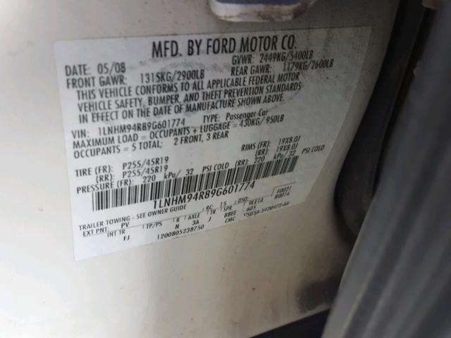 1LNHM94R89G601774 - 2009 LINCOLN MKS WHITE photo 10