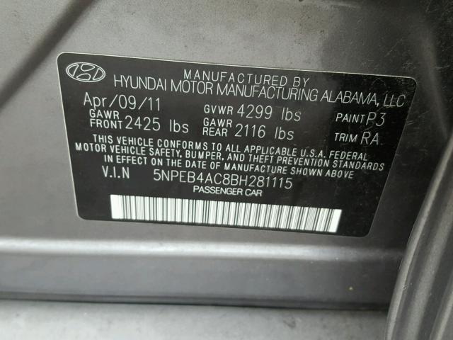 5NPEB4AC8BH281115 - 2011 HYUNDAI SONATA GLS GRAY photo 10