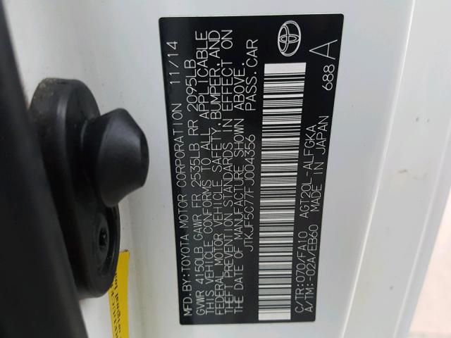 JTKJF5C77FJ004356 - 2015 TOYOTA SCION TC 白色 照片 10