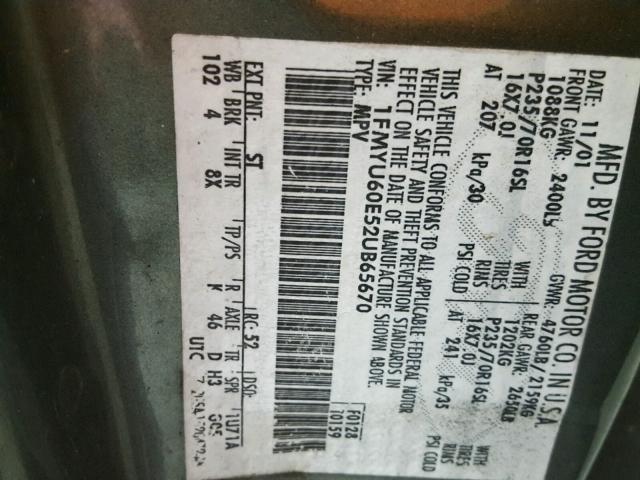 1FMYU60E52UB65670 - 2002 FORD EXPLORER S GREEN photo 10