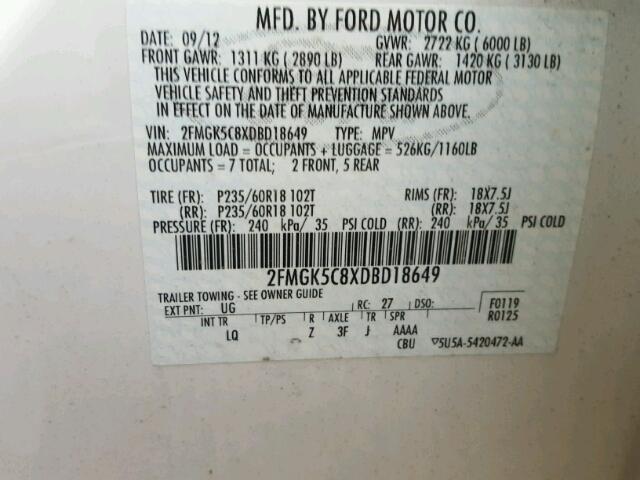 2FMGK5C8XDBD18649 - 2013 FORD FLEX SEL თეთრი ფოტო 10