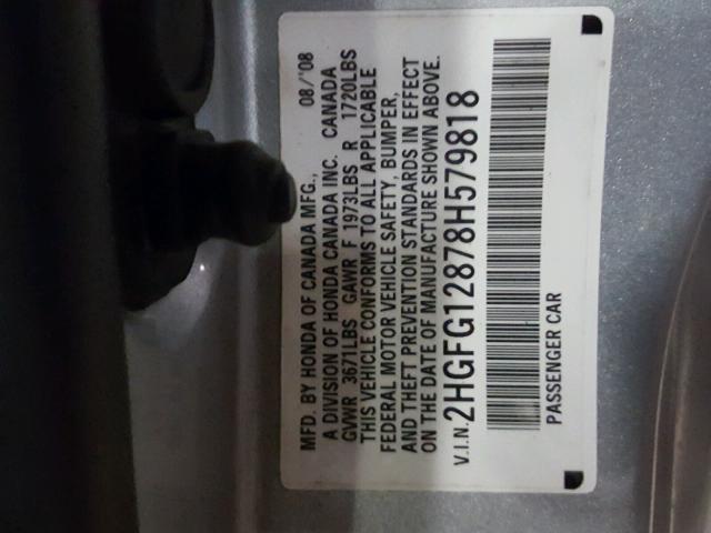 2HGFG12878H579818 - 2008 HONDA CIVIC EX Մոխրագույն լուսանկար 10