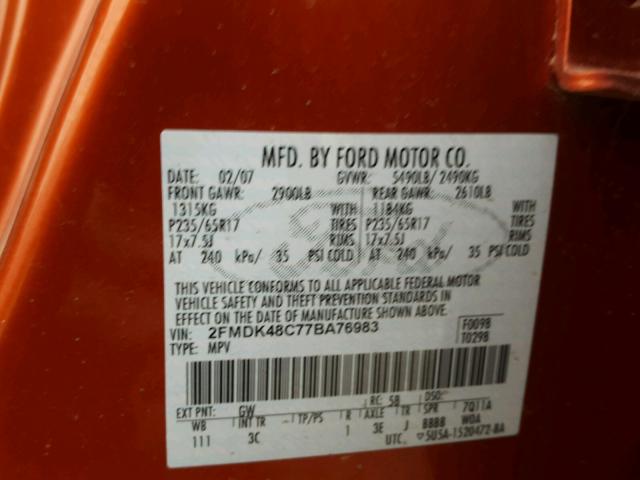 2FMDK48C77BA76983 - 2007 FORD EDGE SEL ORANGE photo 10