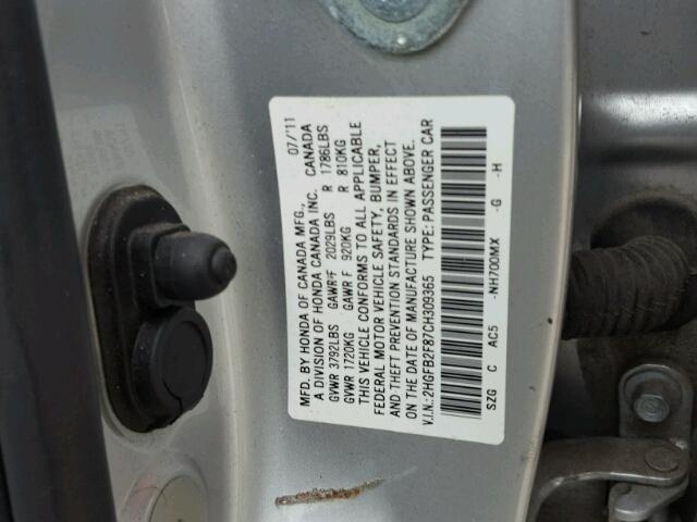 2HGFB2F87CH309365 - 2012 HONDA CIVIC EX SILVER photo 10