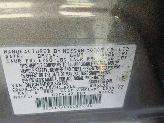 3N1CN7APXGL825756 - 2016 NISSAN VERSA S GRAY photo 10