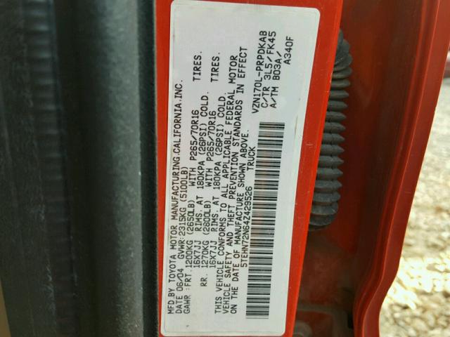 5TEHN72N64Z429526 - 2004 TOYOTA TACOMA DOU RED photo 10