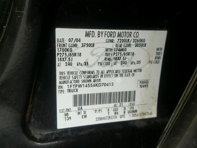 1FTPW14554KD70413 - 2004 FORD F150 SUPER BLACK photo 10