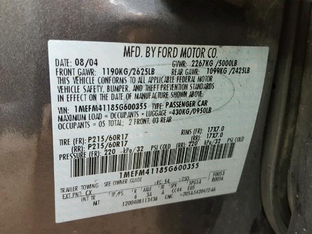 1MEFM41185G600355 - 2005 MERCURY MONTEGO LU GRAY photo 10