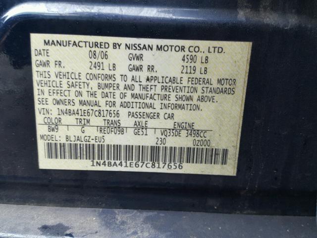 1N4BA41E67C817656 - 2007 NISSAN MAXIMA SE BLUE photo 10