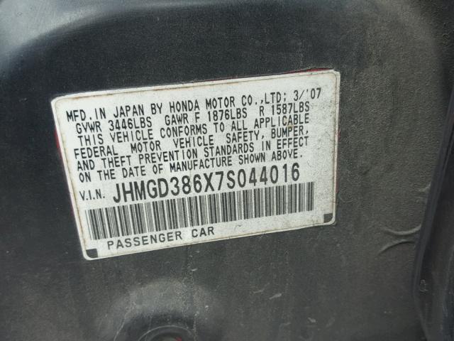 JHMGD386X7S044016 - 2007 HONDA FIT S BLACK photo 10