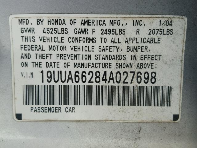 19UUA66284A027698 - 2004 ACURA TL SILVER photo 10