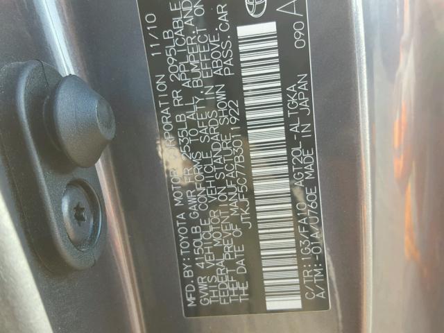 JTKJF5C77B3011922 - 2011 TOYOTA SCION TC 灰色 照片 10