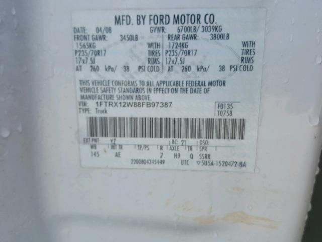 1FTRX12W88FB97387 - 2008 FORD F150 WHITE photo 10