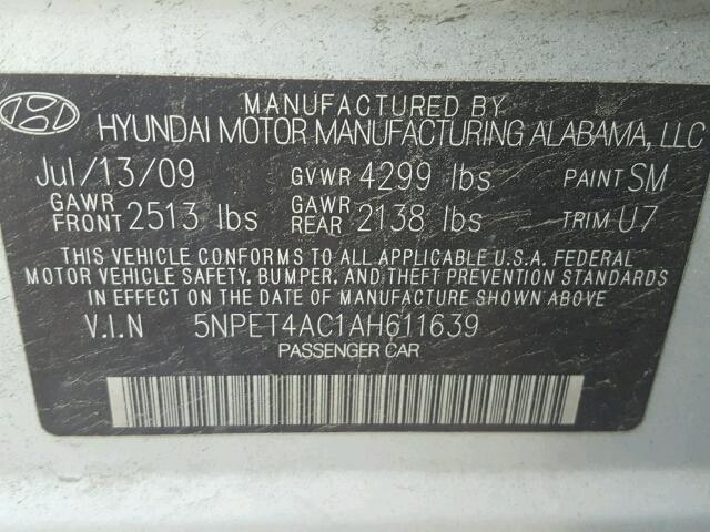 5NPET4AC1AH611639 - 2010 HYUNDAI SONATA GLS SILVER photo 10