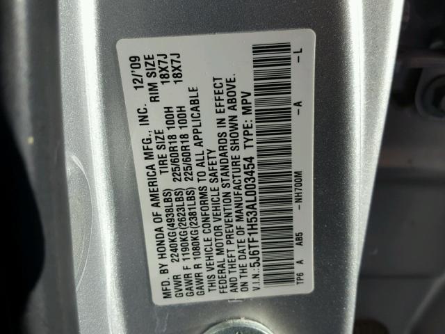 5J6TF1H53AL003454 - 2010 HONDA ACCORD CRO SILVER photo 10