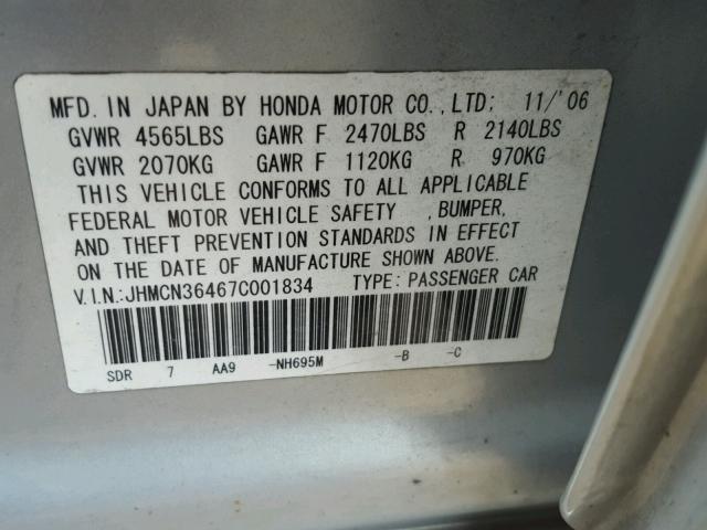 JHMCN36467C001834 - 2007 HONDA ACCORD HYB SILVER photo 10