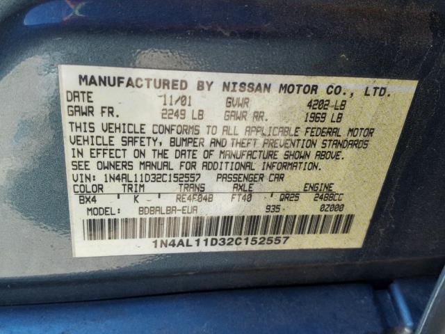 1N4AL11D32C152557 - 2002 NISSAN ALTIMA BAS BLUE photo 10