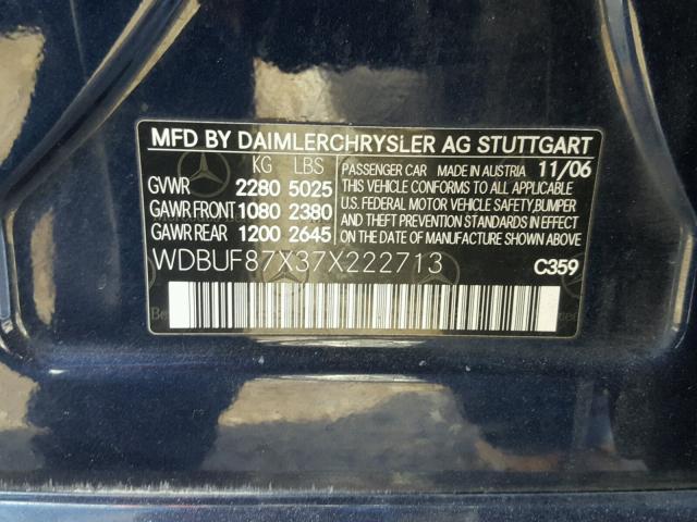 WDBUF87X37X222713 - 2007 MERCEDES-BENZ E 350 4MAT BLUE photo 10