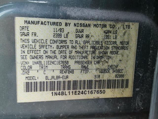 1N4BL11E24C167650 - 2004 NISSAN ALTIMA SE GREEN photo 10