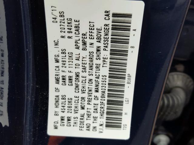 1HGCR3F09HA030505 - 2017 HONDA ACCORD EXL Mavi foto 10