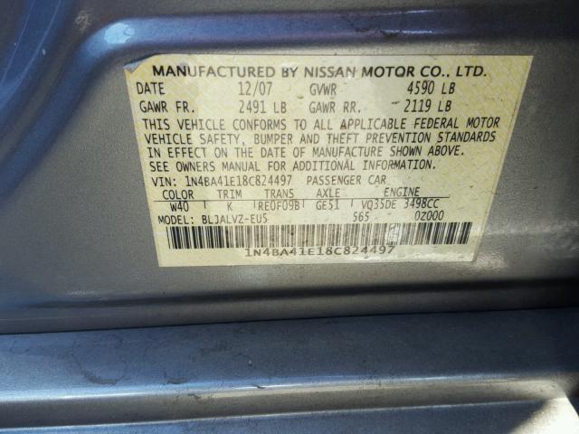 1N4BA41E18C824497 - 2008 NISSAN MAXIMA SE GRAY photo 10