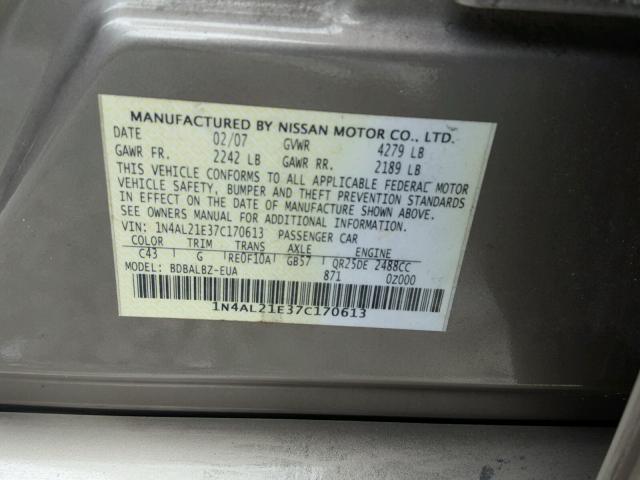 1N4AL21E37C170613 - 2007 NISSAN ALTIMA 2.5 GRAY photo 10