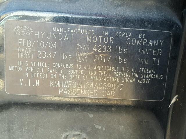 KMHWF35H24A039872 - 2004 HYUNDAI SONATA GLS BLACK photo 10