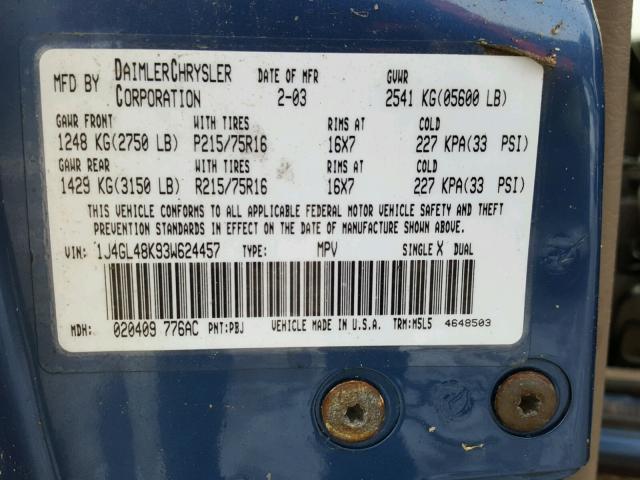 1J4GL48K93W624457 - 2003 JEEP LIBERTY SP BLUE photo 10