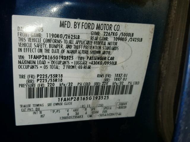 1FAHP28165G193525 - 2005 FORD FIVE HUNDR BLUE photo 10