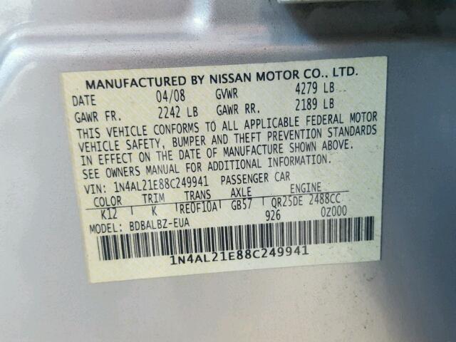 1N4AL21E88C249941 - 2008 NISSAN ALTIMA 2.5 SILVER photo 10