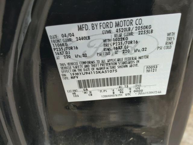 1FMYU94115KA51075 - 2005 FORD ESCAPE LIM BLACK photo 10