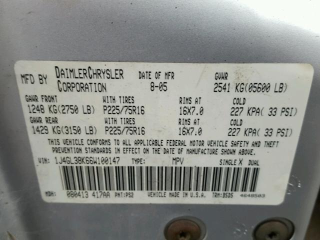 1J4GL38K66W100147 - 2006 JEEP LIBERTY RE SILVER photo 10