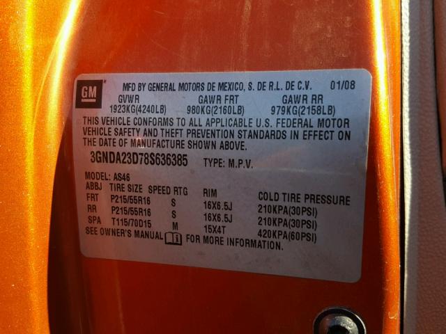 3GNDA23D78S636385 - 2008 CHEVROLET HHR LT ORANGE photo 10