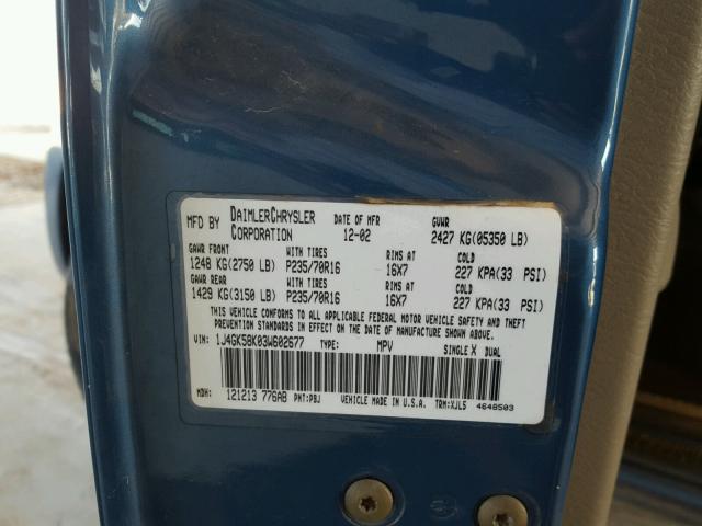 1J4GK58K03W602677 - 2003 JEEP LIBERTY LI BLUE photo 10