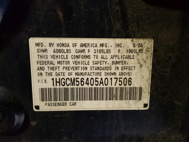 1HGCM56405A017506 - 2005 HONDA ACCORD LX BLUE photo 10