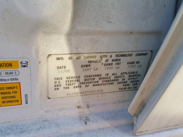 KL1TD66647B751558 - 2007 CHEVROLET AVEO BASE Ақ фото 10