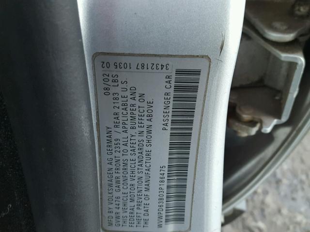 WVWPD63B03P186475 - 2003 VOLKSWAGEN PASSAT GLS SILVER photo 10