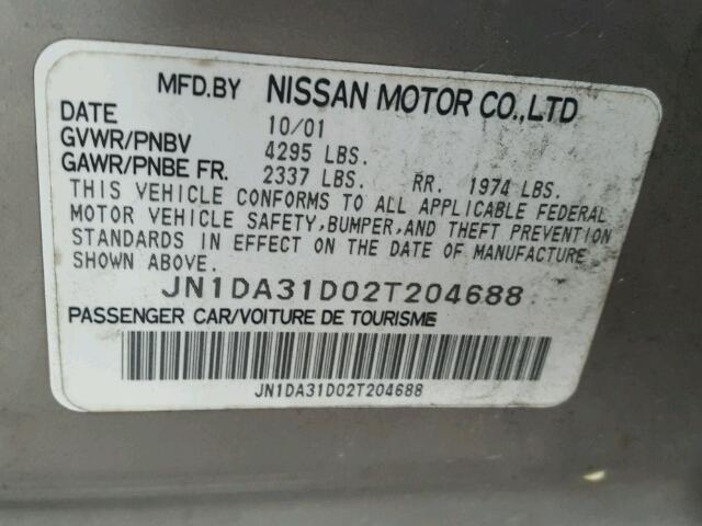 JN1DA31D02T204688 - 2002 NISSAN MAXIMA GLE GRAY photo 10