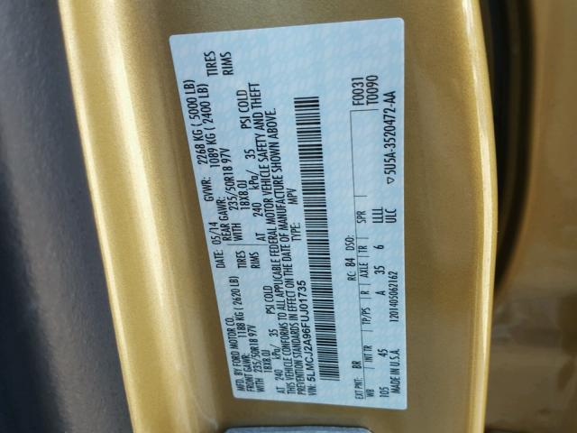 5LMCJ2A96FUJ01735 - 2015 LINCOLN MKC 金色 照片 10