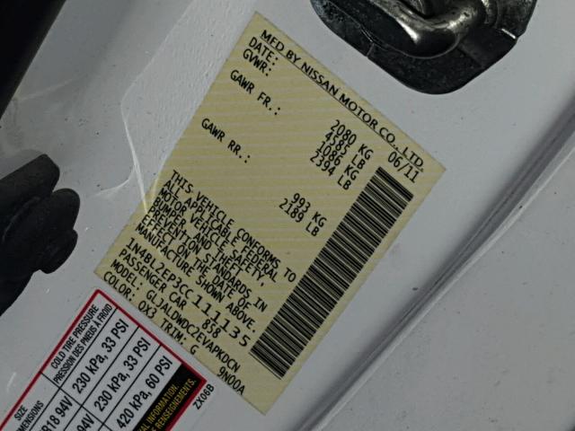 1N4BL2EP3CC111135 - 2012 NISSAN ALTIMA SR WHITE photo 10