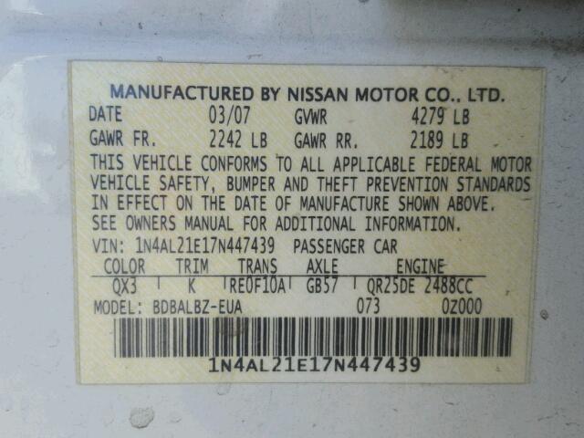 1N4AL21E17N447439 - 2007 NISSAN ALTIMA 2.5 WHITE photo 10