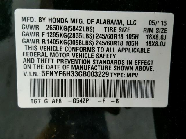 5FNYF6H33GB003229 - 2016 HONDA PILOT EX GREEN photo 10