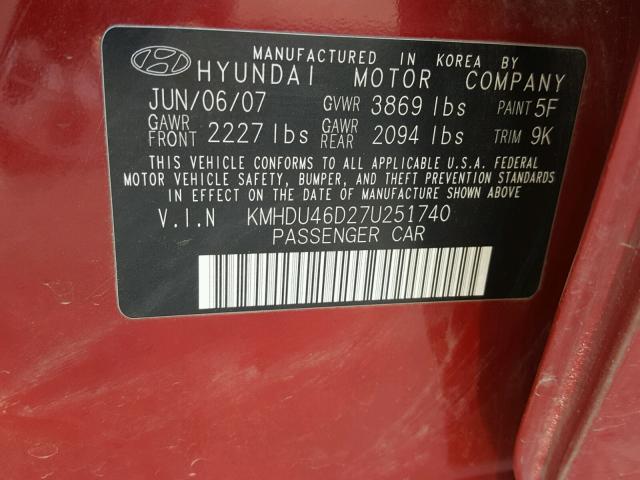 KMHDU46D27U251740 - 2007 HYUNDAI ELANTRA GL RED photo 10