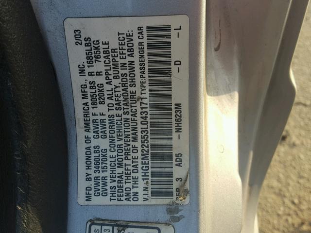 1HGEM22553L043171 - 2003 HONDA CIVIC LX SILVER photo 10