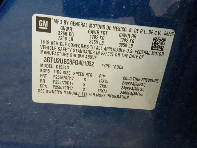 3GTU2UEC8FG401032 - 2015 GMC SIERRA K15 BLUE photo 10