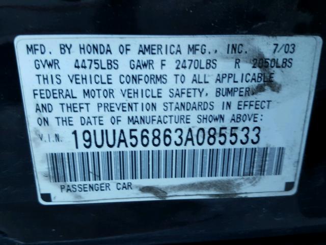 19UUA56863A085533 - 2003 ACURA 3.2TL TYPE BLACK photo 10