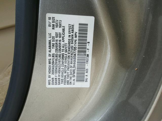 5FNRL3H44AB047705 - 2010 HONDA ODYSSEY EX GOLD photo 10