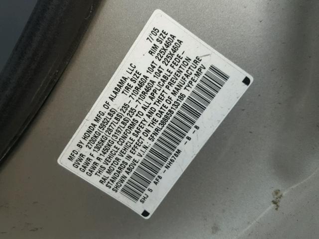 5FNRL38885B133186 - 2005 HONDA ODYSSEY TO SILVER photo 10