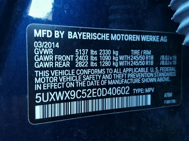 5UXWX9C52E0D40602 - 2014 BMW X3 XDRIVE2 BLUE photo 10