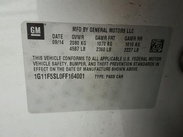 1G11F5SL0FF164001 - 2015 CHEVROLET MALIBU LTZ 银色 照片 10